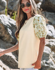 Rayne Floral Bubble Sleeve Patchwork Ribbed Top