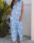 Floral Half-Button Sleeveless Wide Leg Jumpsuit