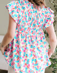 Abstract Shirred Ruffle Sleeve Blouse