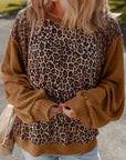 Leopard Floral Patchwork Ribbed Puff Sleeve Top