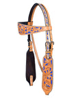 HILASON Western Genuine Leather Horse Headstall Tack Tan with Blue Inlay