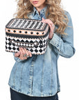 OHLAY Checkered Top Grain Leather Jewelry Box Case Bag Hand-Painted Black White