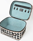 OHLAY Checkered Top Grain Leather Jewelry Box Case Bag Hand-Painted Black White