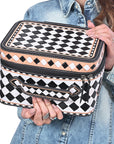OHLAY Checkered Top Grain Leather Jewelry Box Case Bag Hand-Painted Black White