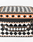 OHLAY Checkered Top Grain Leather Jewelry Box Case Bag Hand-Painted Black White