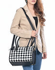 OHLAY High-Contrast Checkered Top Grain Leather Tote Bag Purse Black & White