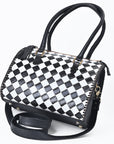 OHLAY High-Contrast Checkered Top Grain Leather Tote Bag Purse Black & White