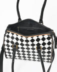 OHLAY High-Contrast Checkered Top Grain Leather Tote Bag Purse Black & White