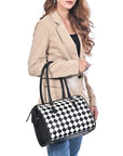OHLAY High-Contrast Checkered Top Grain Leather Tote Bag Purse Black & White