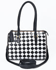 OHLAY High-Contrast Checkered Top Grain Leather Tote Bag Purse Black & White