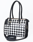 OHLAY High-Contrast Checkered Top Grain Leather Tote Bag Purse Black & White