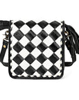 OHLAY Mini Checkered Leather Crossbody Bag Black & White Graphic Fringe Accent