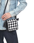 OHLAY Mini Checkered Leather Crossbody Bag Black & White Graphic Fringe Accent