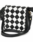 OHLAY Mini Checkered Leather Crossbody Bag Black & White Graphic Fringe Accent