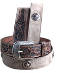 M&F Western Men's Tooled Brown Tan Suede Western Belt Star Conchos Silver Buckle