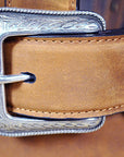 Rugged Tan Full-Grain Leather Belt Feathered Edge & Removable Silver Buckle