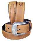Rugged Tan Full-Grain Leather Belt Feathered Edge & Removable Silver Buckle