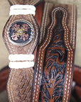 44 in 3D Belts 1 1/2 in Distressed Basket Weave Floral Leather Belt