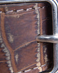 Vintage Brown Croc Print Leather Belt Single Stitch Engraved Silver Buckle