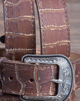 Vintage Brown Croc Print Leather Belt Single Stitch Engraved Silver Buckle
