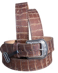 Vintage Brown Croc Print Leather Belt Single Stitch Engraved Silver Buckle