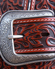Cognac Brown Floral Embossed Full-Grain Leather Western Belt & Silver Buckle