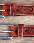 Cognac Brown Floral Embossed Full-Grain Leather Western Belt & Silver Buckle