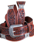 Cognac Brown Floral Embossed Full-Grain Leather Western Belt & Silver Buckle