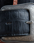 1-1/2" Black Croc Leather Western Cowboy Dress Belt Engraved Silver Buckle
