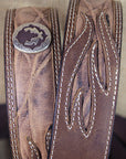 3D BELTS Men's Brown Leather Western Concho Belt Leaf Stitching Silver Buckle