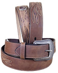 3D BELTS Men's Brown Leather Western Concho Belt Leaf Stitching Silver Buckle