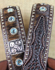 Dark Brown Tooled Leather & Hair-On Belt Blue Crystals Basketweave Silver Buckle