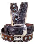 Dark Brown Tooled Leather & Hair-On Belt Blue Crystals Basketweave Silver Buckle