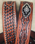 Ariat Men Full Grain Leather Western Belt Hand Tooled Basketweave Concho Accents
