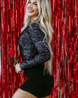 Gia Sequin V Neck Zipped Long Sleeve Bodysuit