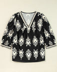 Vintage Geometric Printed V Neck Blouse