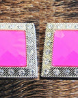 Western Screw Back Concho Light Fuschia Square Crystals Bling