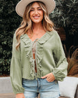 Natalia Bow Tie Front Ruffle Trim Long Sleeve Gauze Blouse