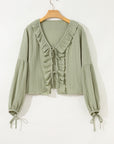 Natalia Bow Tie Front Ruffle Trim Long Sleeve Gauze Blouse