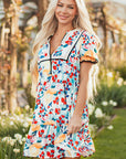 Laylani Floral Zipper Ruffled Short Sleeve High Waist Mini Dress