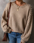 Solid Pearl Drop Shoulder Round Neck Sweater