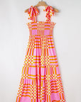 Elyse Boho Gingham Tied Straps Smocked Maxi Dress