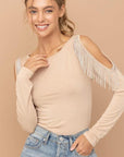Cold Shoulder Rhinestone Fringe Bodysuit