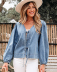 Solid Denim Tie-Front Puff Sleeve Top