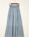Denim Smocked Tiered Maxi Skirt