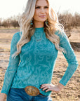 Turquoise Boot Stitch Sheer/Mesh Top