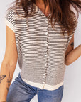 Stripe Contrast Trim Cap Sleeve Button-Up Cardigan