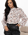 Leopard Lantern Sleeve Pleated Blouse
