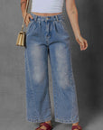 Scottie Blue Washed Pleated Detail Wide Leg Jeans