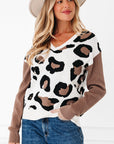 Leopard Colorblock Drop Shoulder V-Neck Sweater